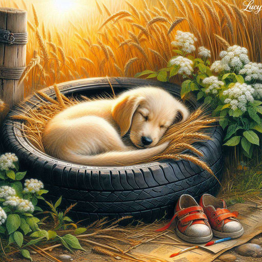 Štěně spící stočené uvnitř velké černé pneumatiky online puzzle