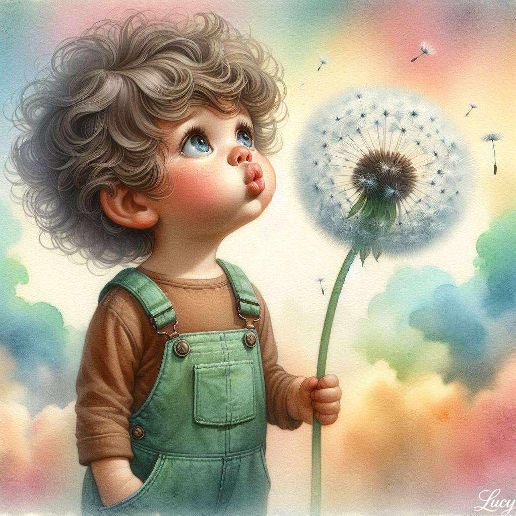 子供は大きなタンポポのパフを眺めます オンラインパズル