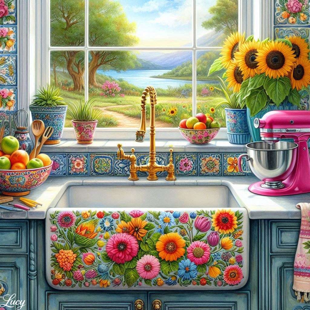 Een keramische boerderijzink versierd met levendige bloemen legpuzzel online