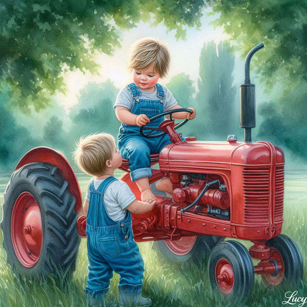 2人の幼い子供がビンテージの赤いトラクターで遊んでいます ジグソーパズルオンライン
