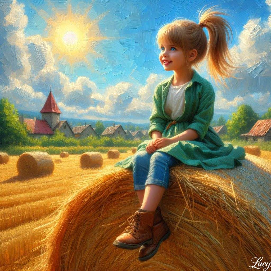 黄金の畑の大きな干し草のbaleの上に座っている ジグソーパズルオンライン