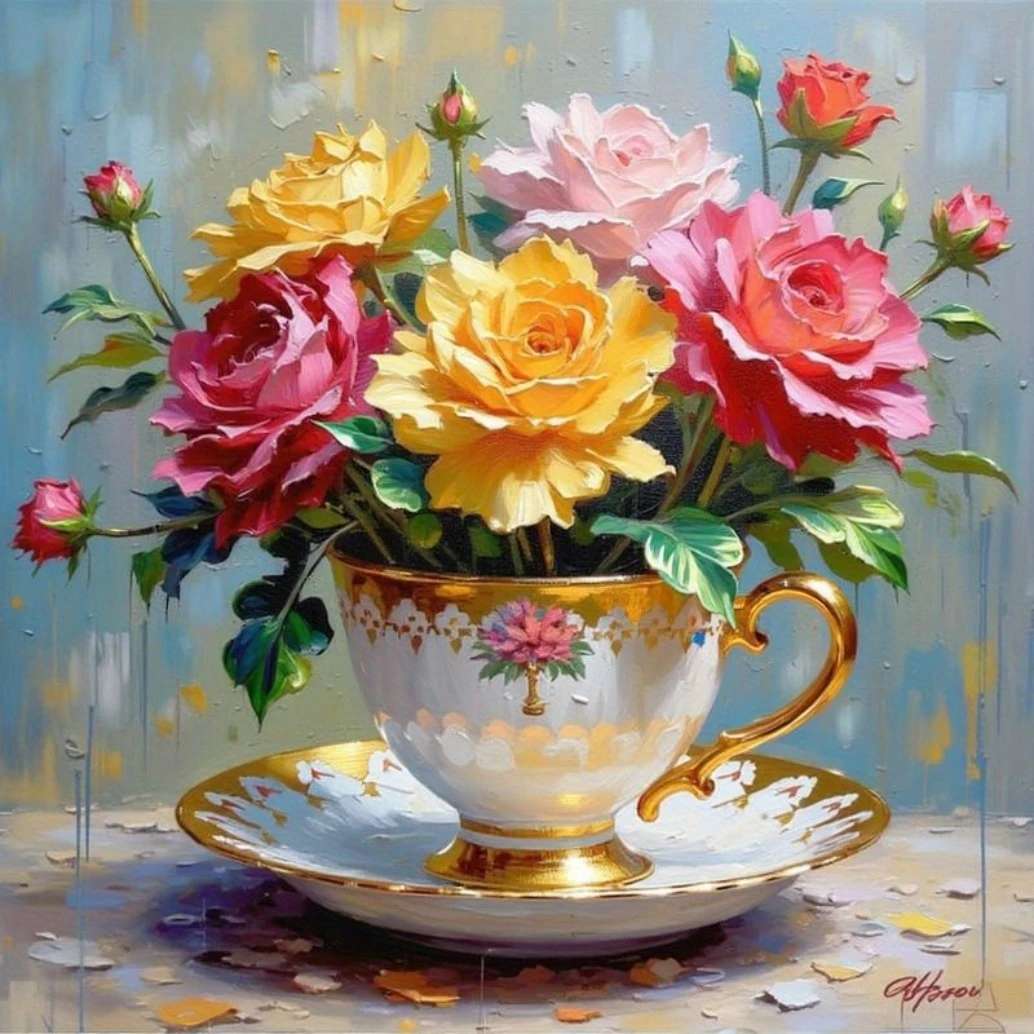 磁器カップの美しいバラ オンラインパズル