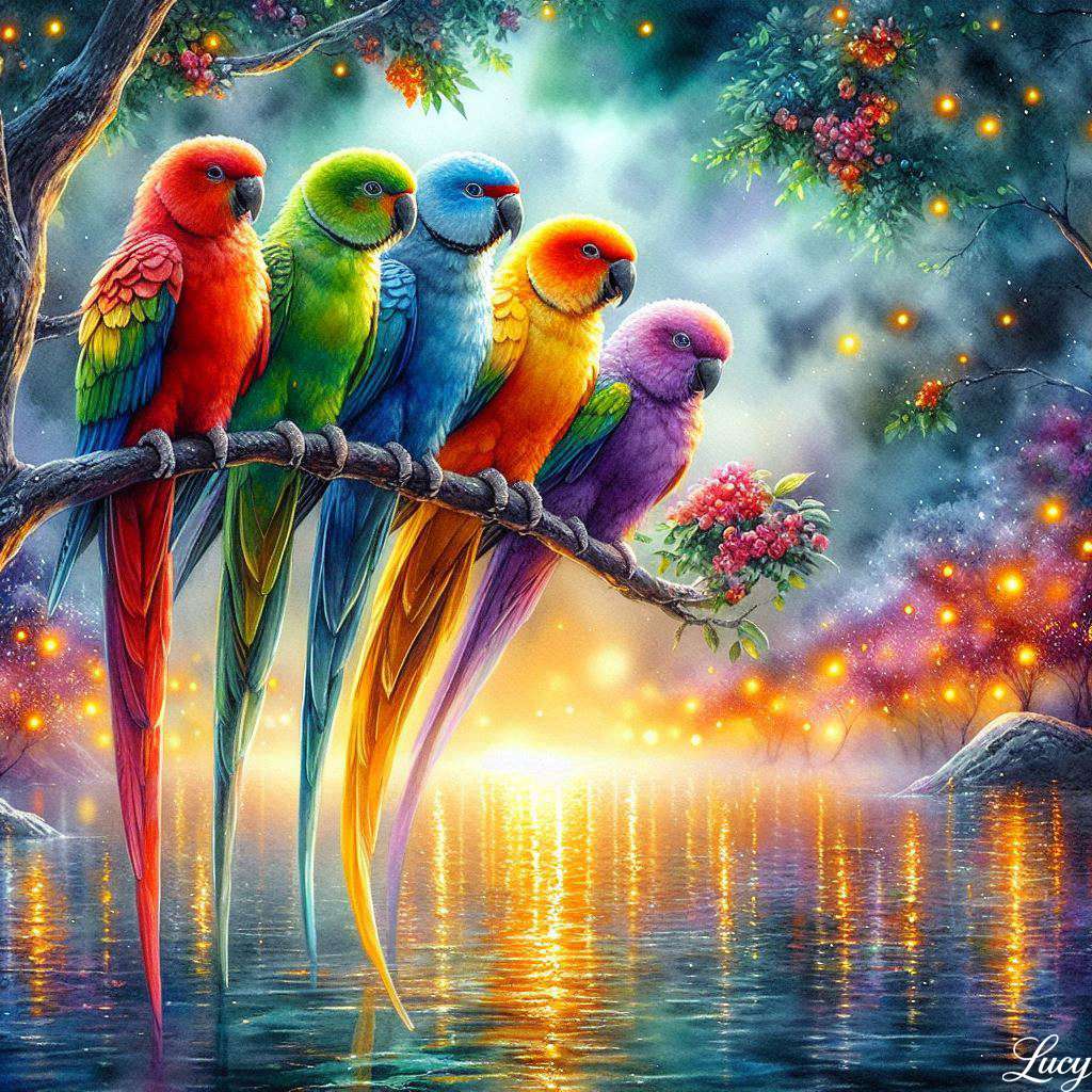 skupina živě zbarvených papoušek online puzzle