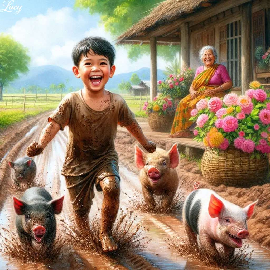 泥で覆われ、笑っている少年 ジグソーパズルオンライン