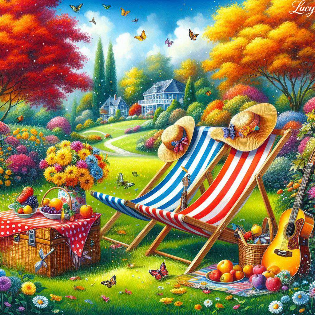 2 csíkos fedélzeti szék nyugszik a buja fűben kirakós online