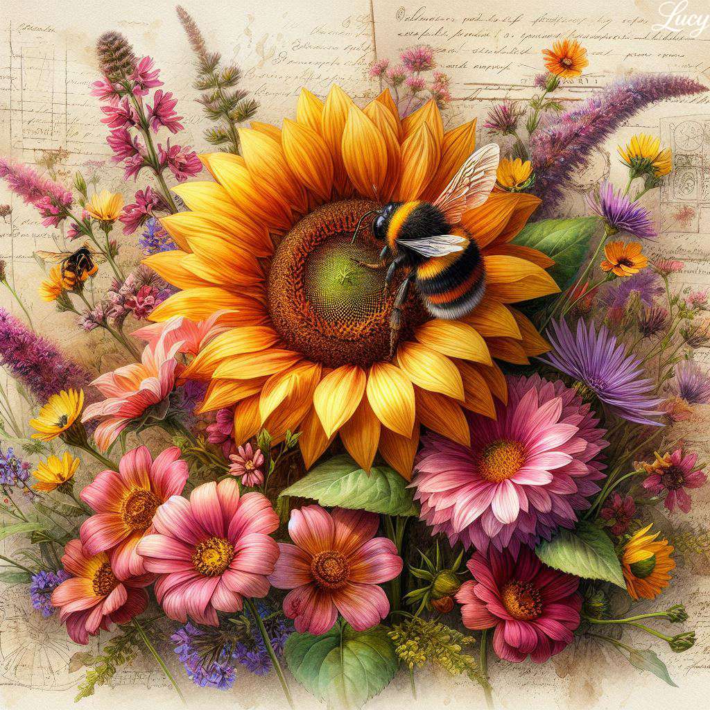 Grande girasole con un calabrone puzzle online