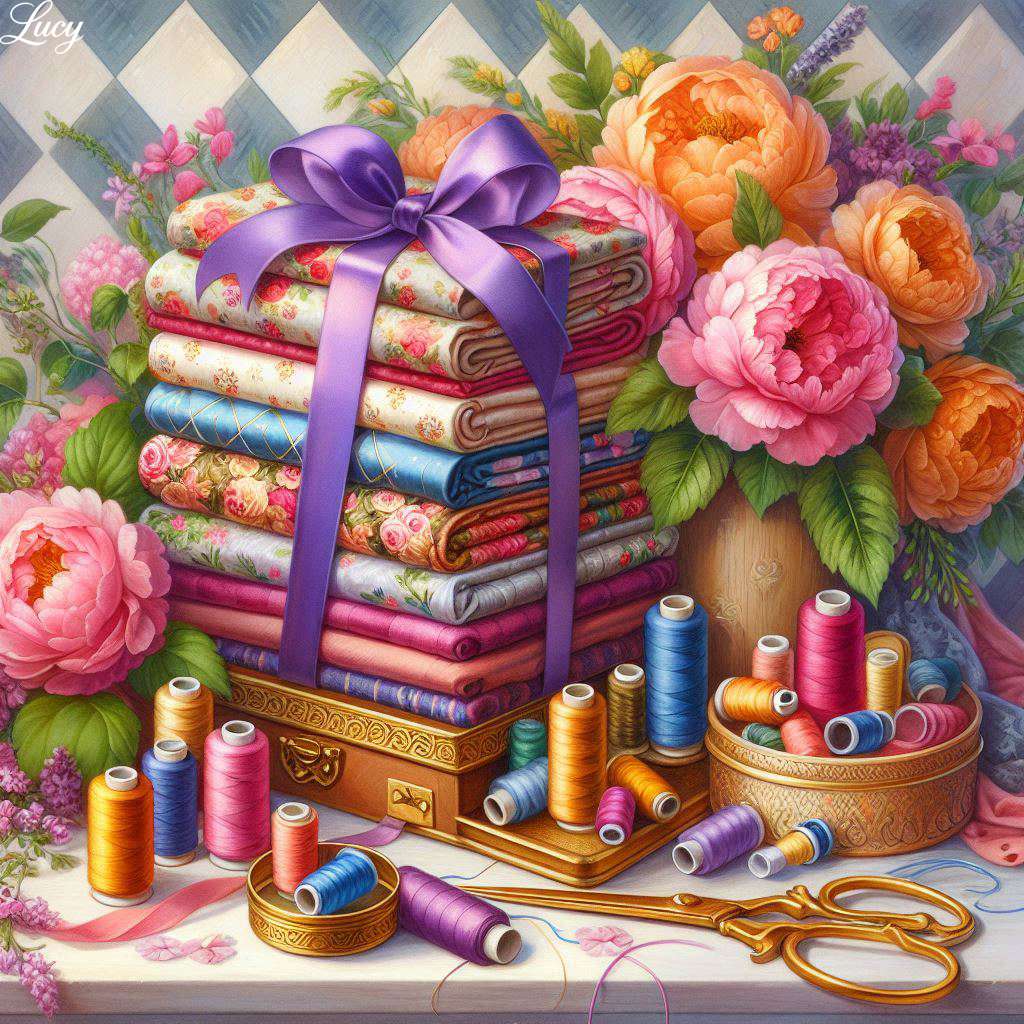 紫色のリボンで縛られた折りたたまれた花の生地 オンラインパズル