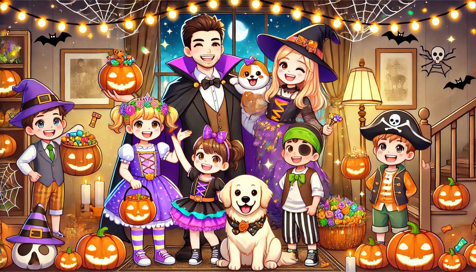 Lycklig familj som firar Halloween pussel på nätet