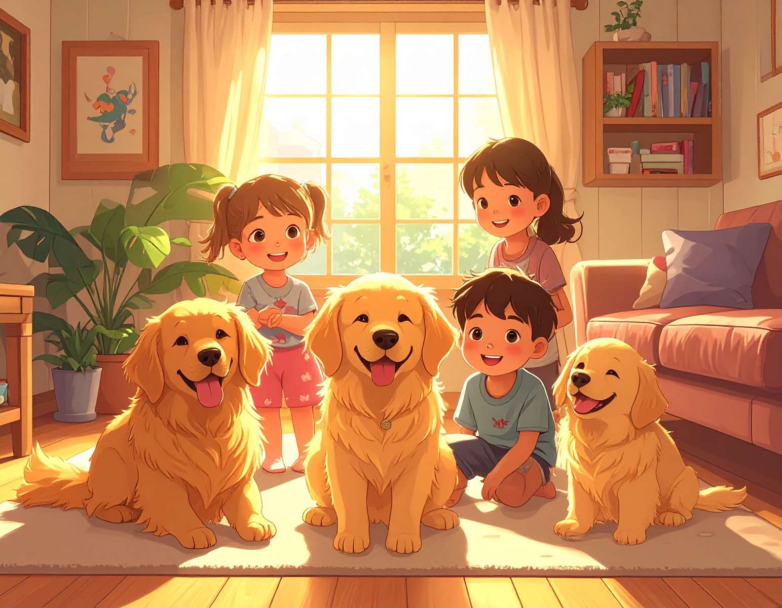 Χαρούμενα παιδιά με ευτυχισμένο χρυσό retriever online παζλ