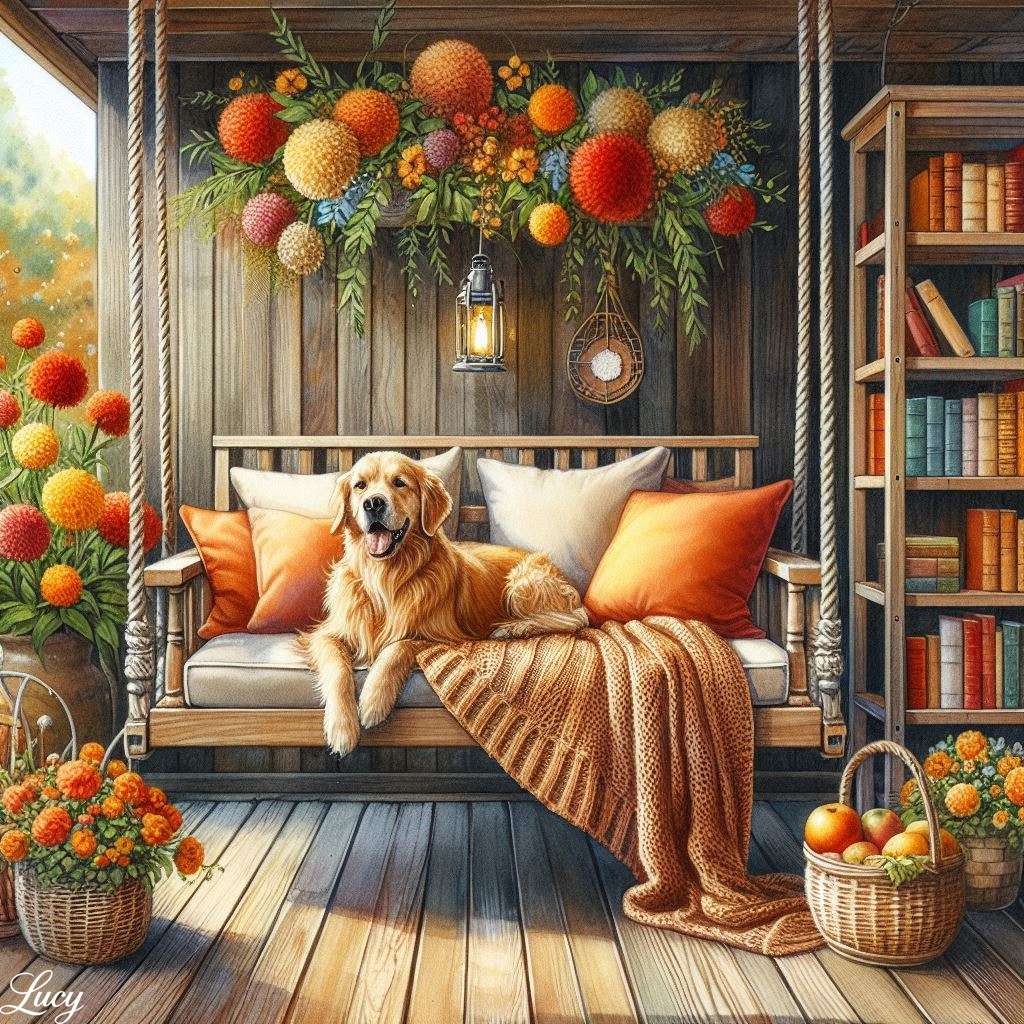 Golden Retriever odpoczywa spokojnie na huśtawce puzzle online