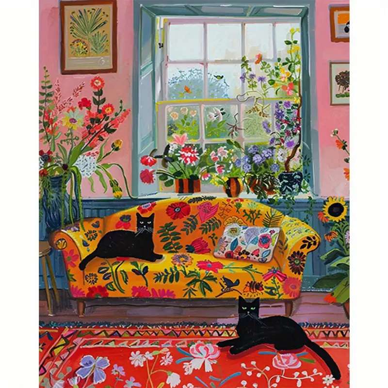 カラフルなインテリアの黒猫 ジグソーパズルオンライン