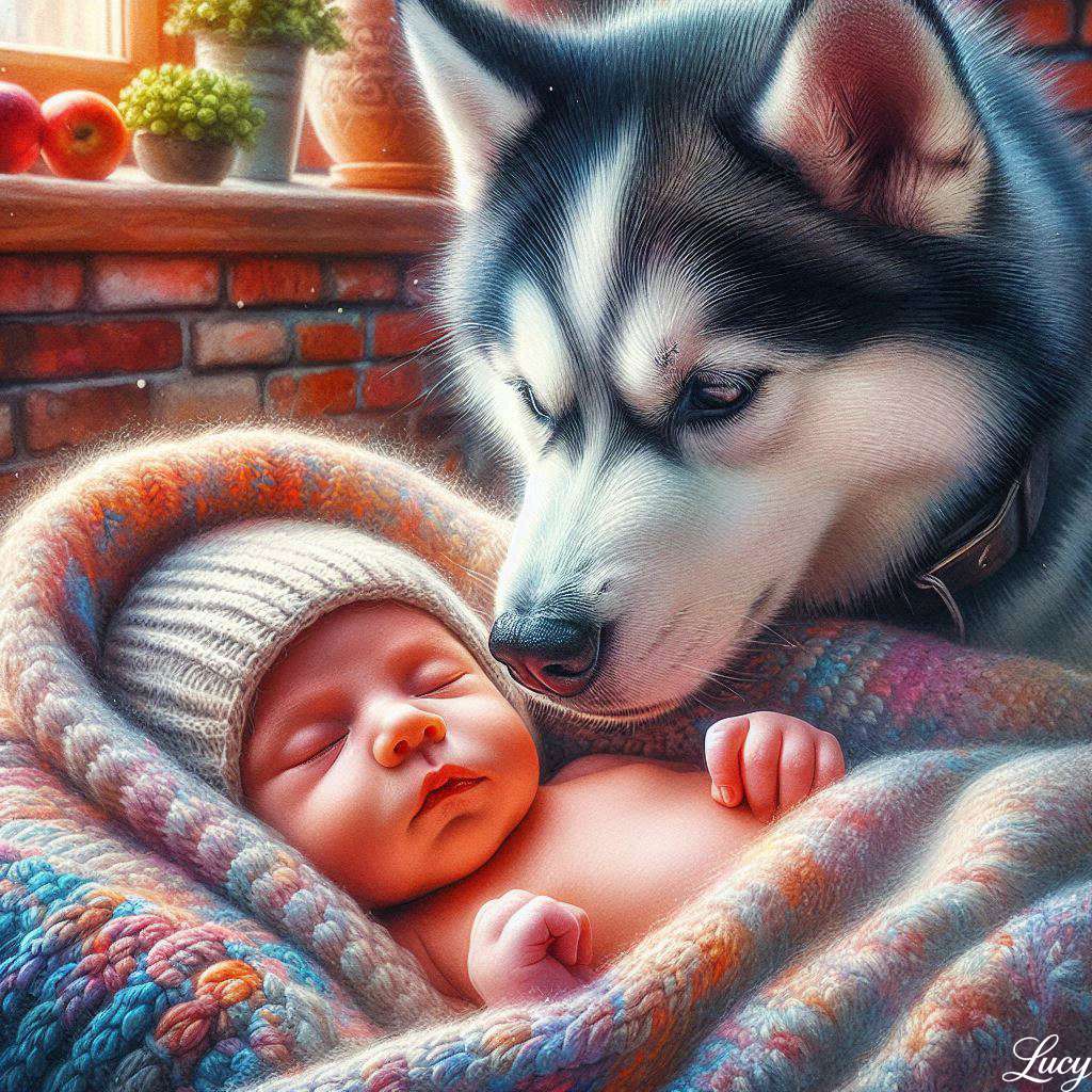 Novorozenec a husky pes skládačky online