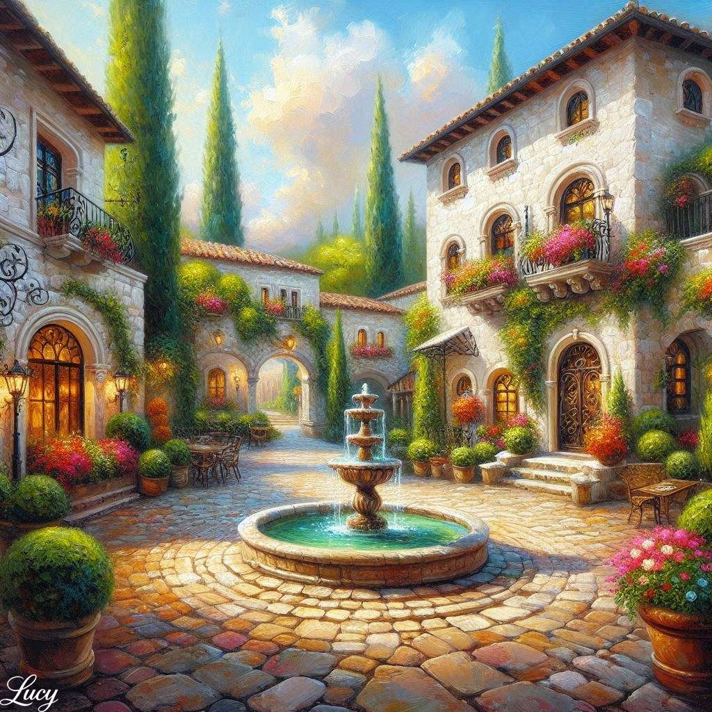 Mediterrane binnenplaats baadde in zacht daglicht legpuzzel online