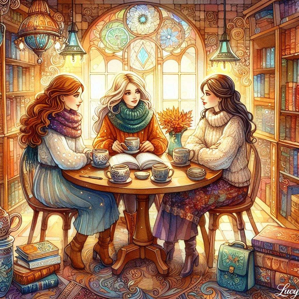 3 γυναίκες σε μια ζεστή βιβλιοθήκη σε στρογγυλή τραπέζι παζλ online