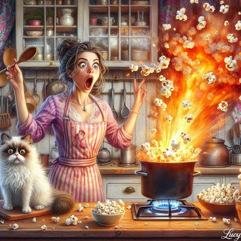 Μια φλογερή έκρηξη ποπ κορν εκρήγνυται από μια μεγάλη κατσαρόλα online παζλ