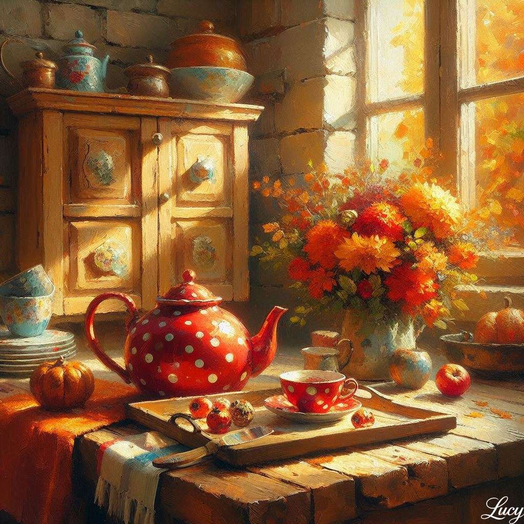 赤い水玉模様のティーポットとマッチングカップ ジグソーパズルオンライン