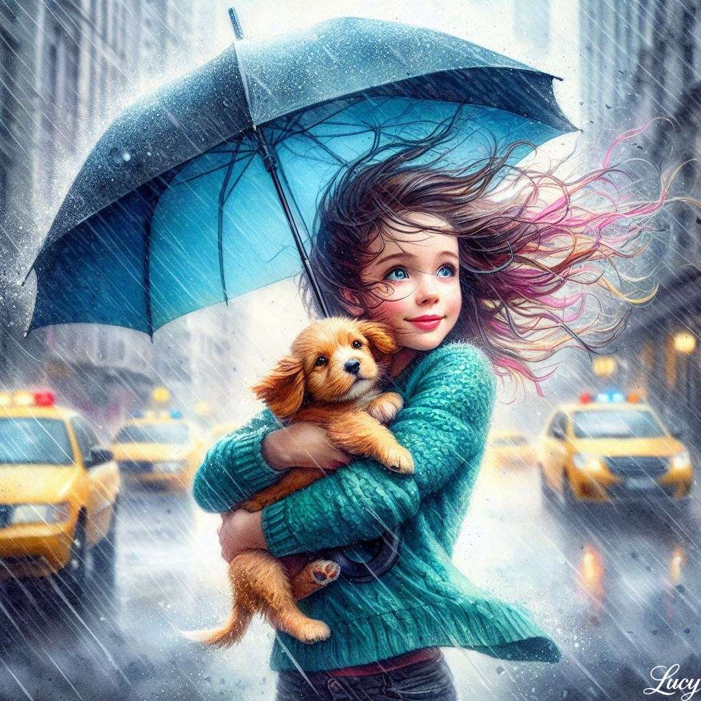 Uma jovem está segurando seu filhote em uma tempestade de chuva puzzle online