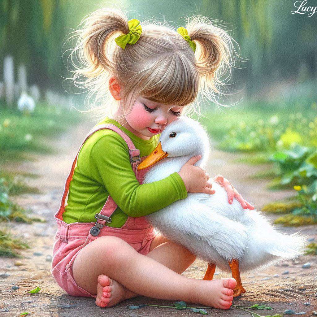 Criança descalça com um pato branco puzzle online