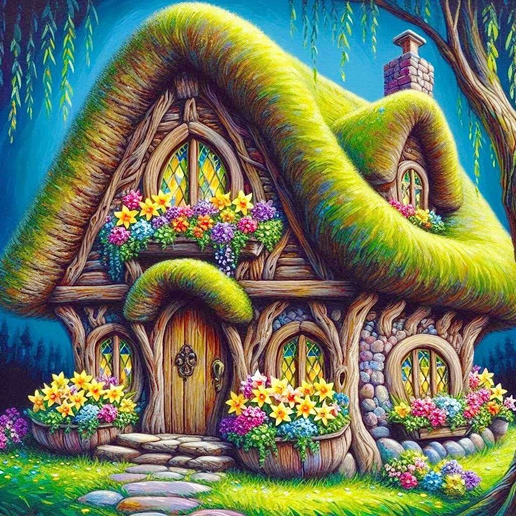 Dům se zelenou střechou a mnoha květinami online puzzle