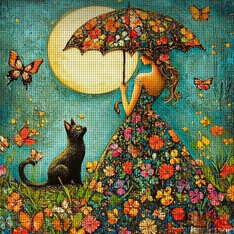 Květinové šaty, deštník a kočka online puzzle