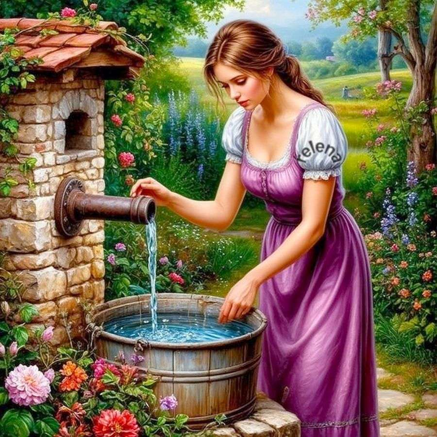 Ein Mädchen, das Wasser aus dem Wasserhahn gießt Puzzlespiel online
