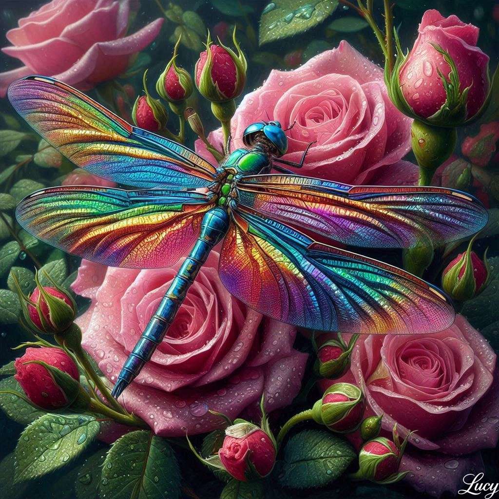 バラの茂みに止まっている虹色に輝くトンボ ジグソーパズルオンライン