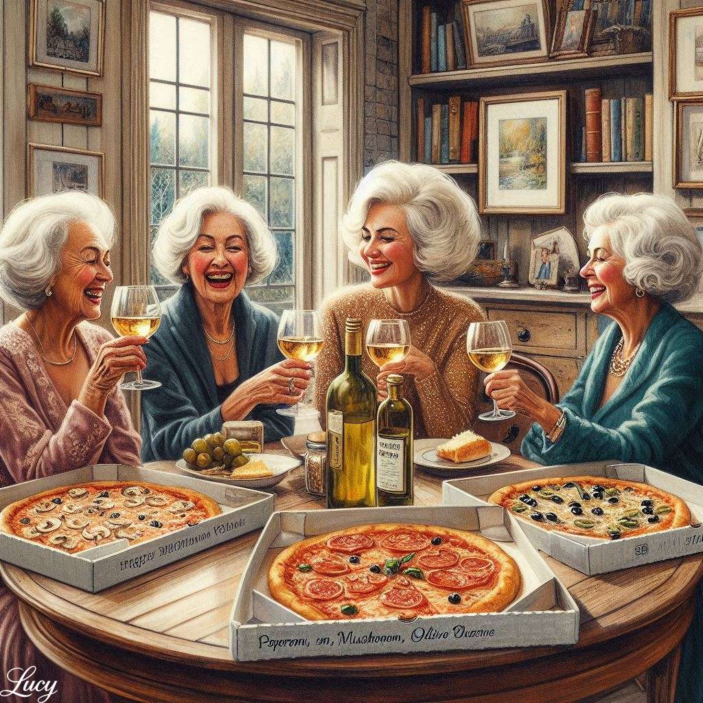 居心地の良いダイニングテーブルの周りに座るエレガントな年配の女性 オンラインパズル