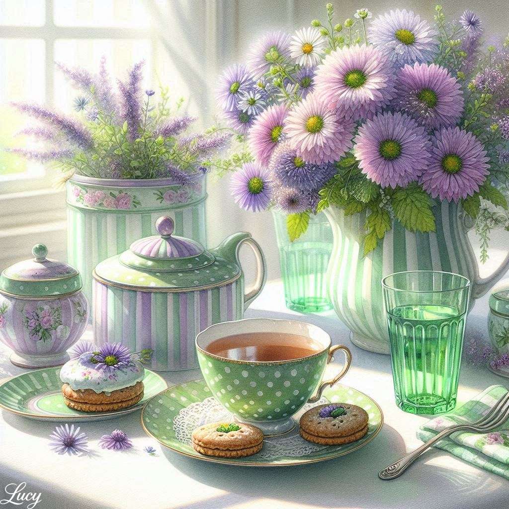 パステルグリーンの水玉模様のティーカップ オンラインパズル