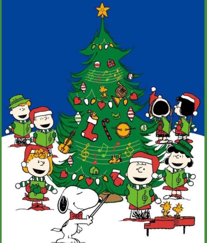 スヌーピーと仲間たちがクリスマスツリーの周りで揺れる オンラインパズル