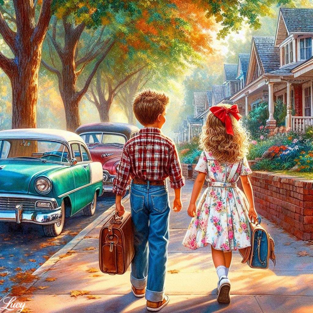 2 crianças caminham por uma rua suburbana arborizada puzzle online