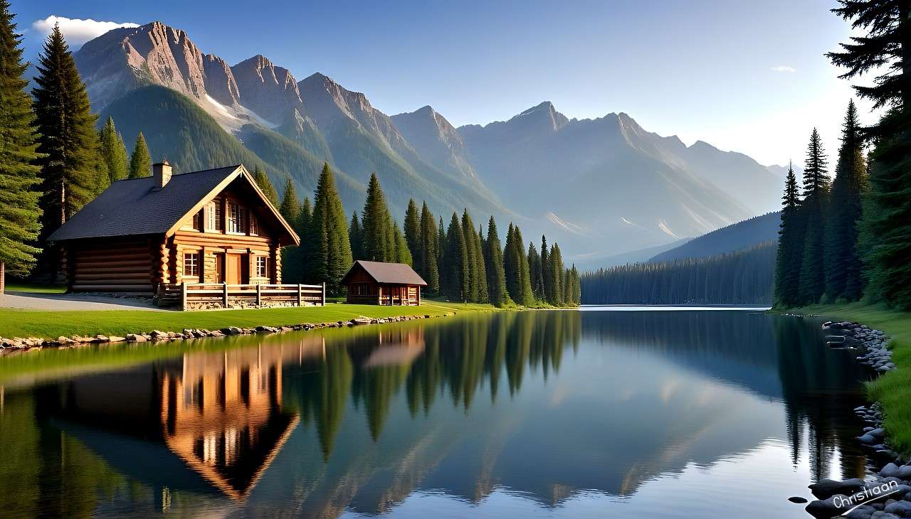 湖、山の中の家。 ジグソーパズルオンライン