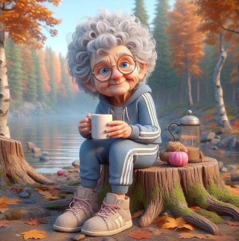 おばあちゃんが切り株の上でコーヒーを飲みながら… オンラインパズル