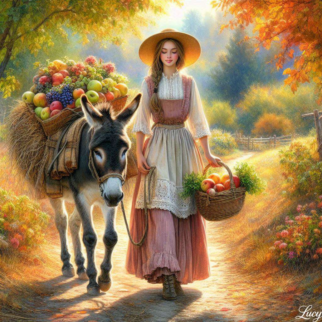 未舗装の道をロバの横を歩く女性 オンラインパズル