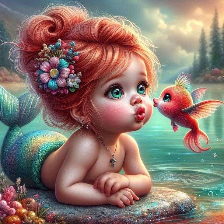 赤ちゃんの人魚とその魚 オンラインパズル