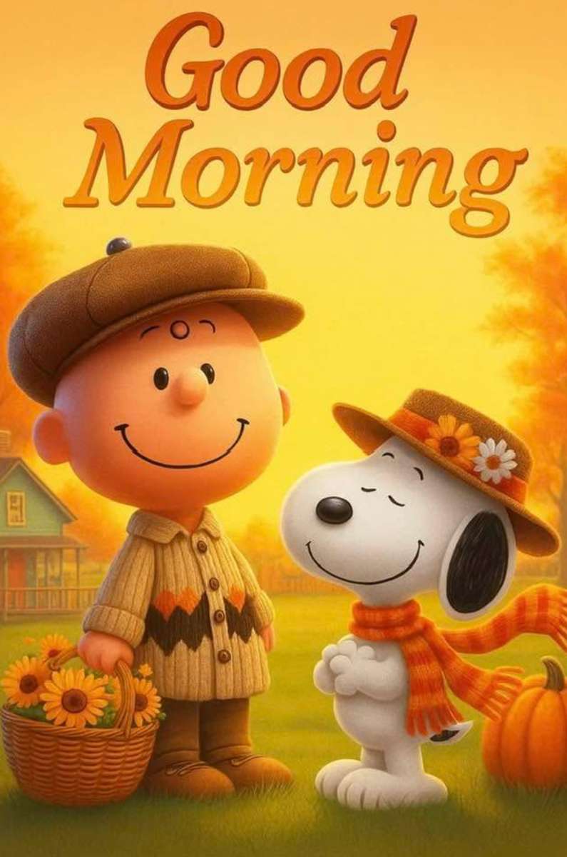 Charlie Brown och Snoopy klädd för hösten. Pussel online