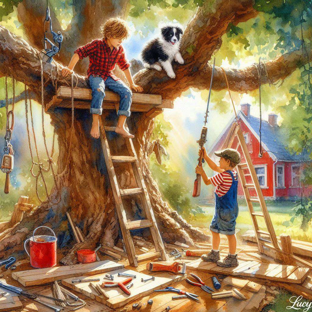 二人の少年が素朴なツリーハウスを建てる ジグソーパズルオンライン