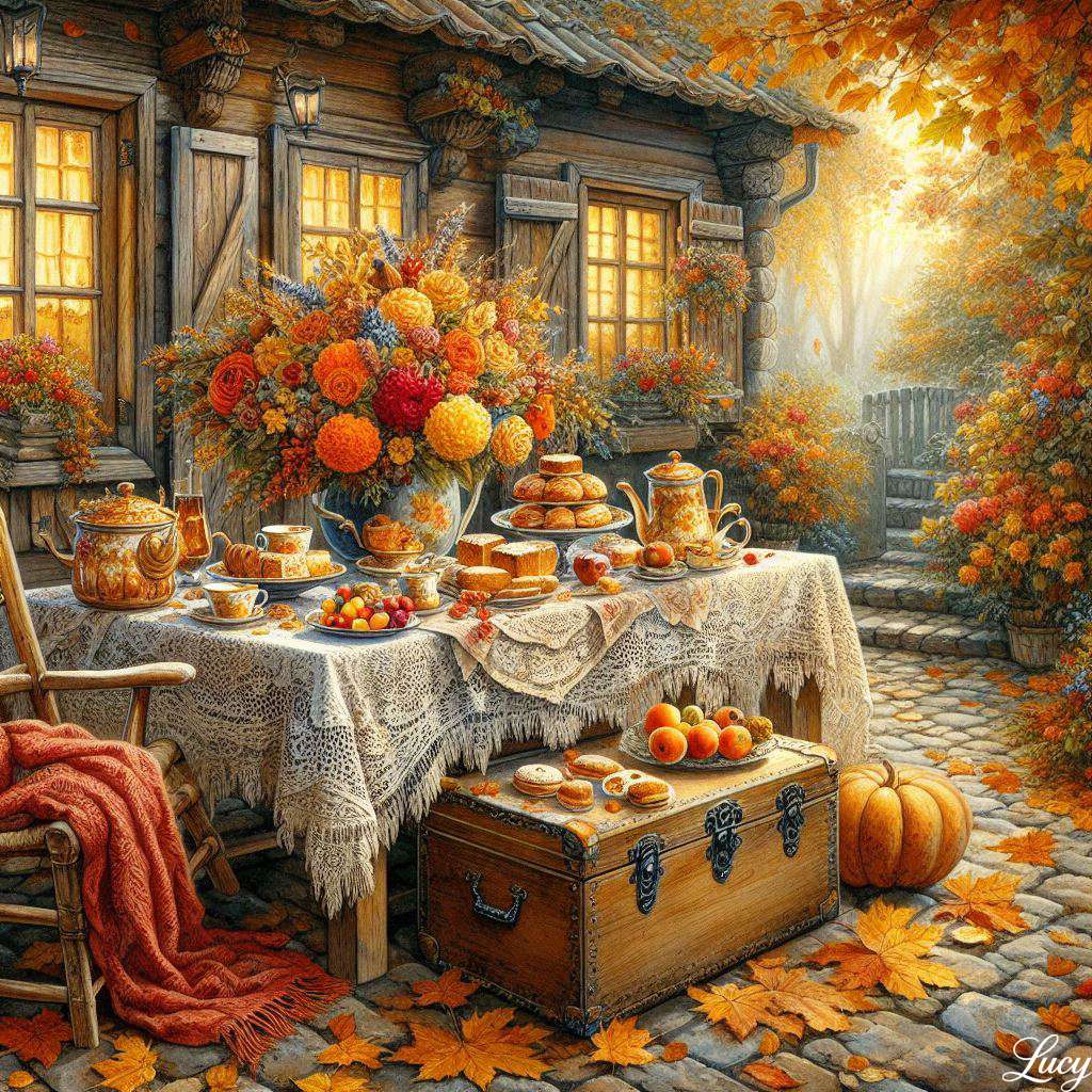 Φθινόπωρο τσάι σε ρουστίκ κήπο παζλ online