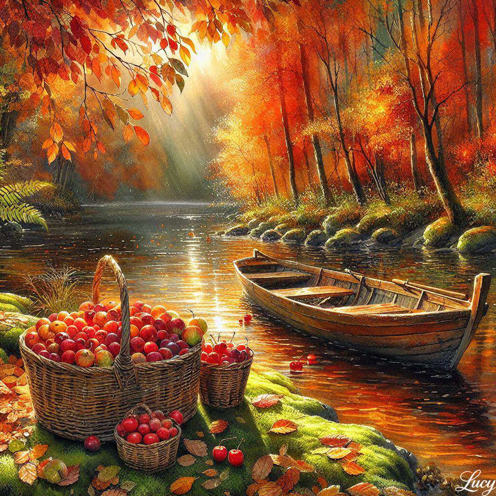 Осенняя сцена на берегу реки пазл онлайн