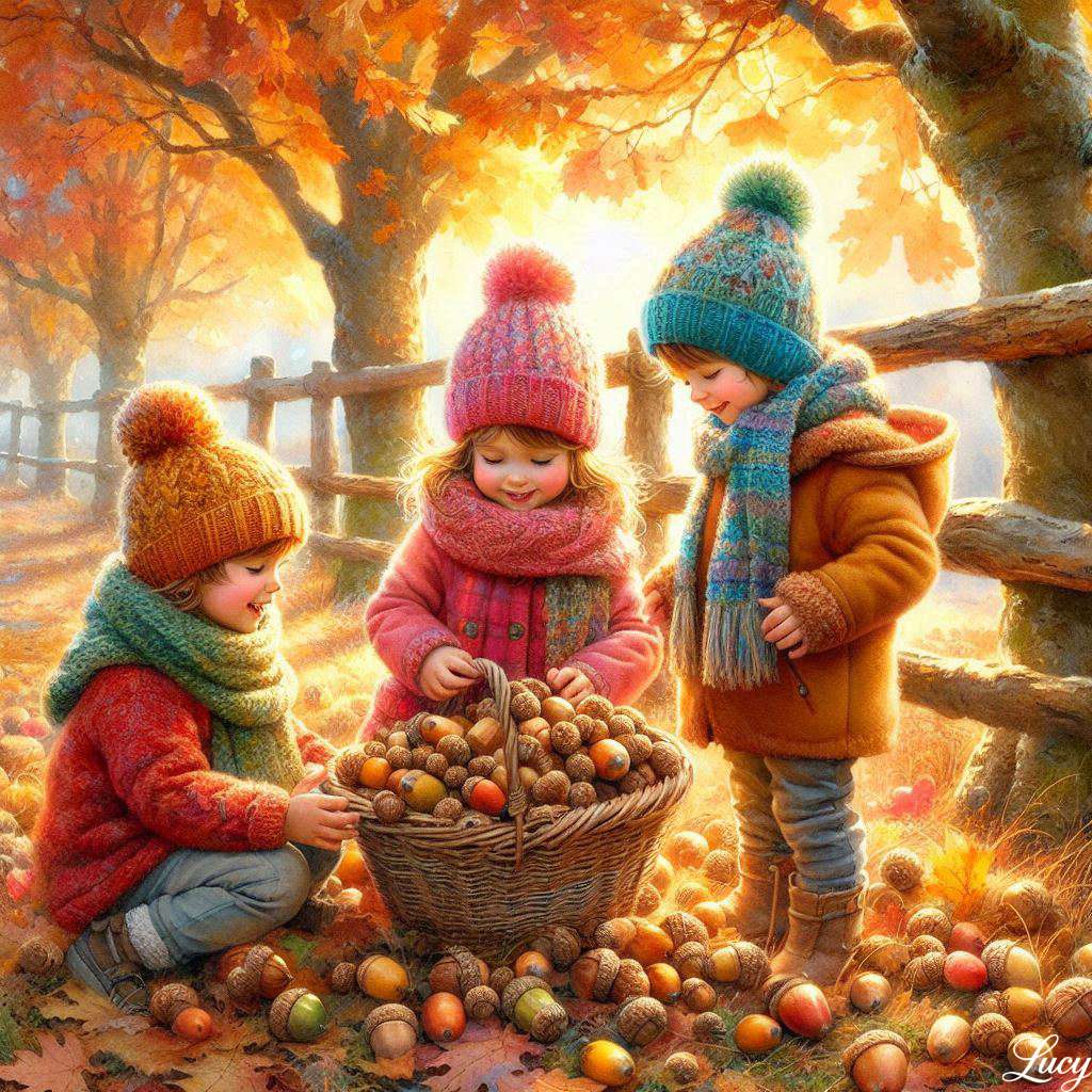 居心地の良い秋の装いをした 3 人の子供たち ジグソーパズルオンライン