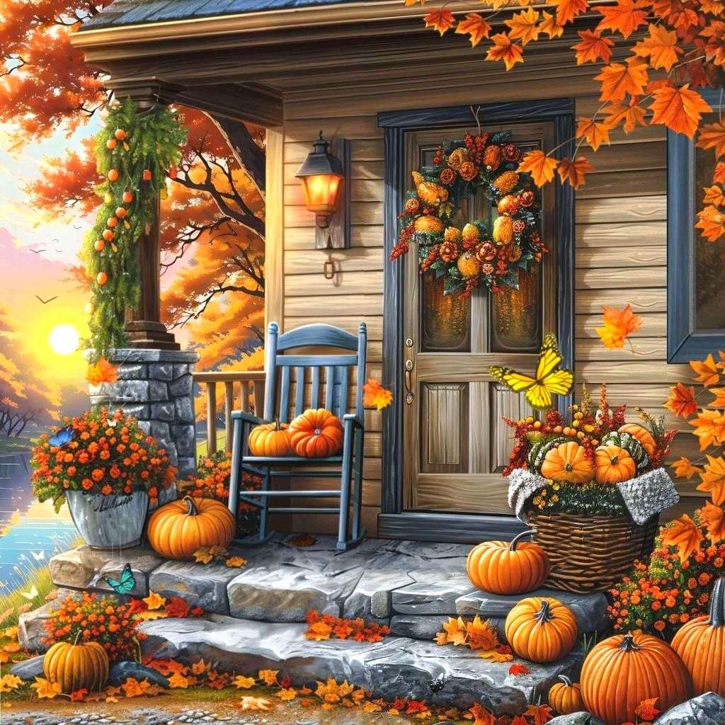 Automne, citrouilles, coucher de soleil et feuilles jaunes puzzle en ligne