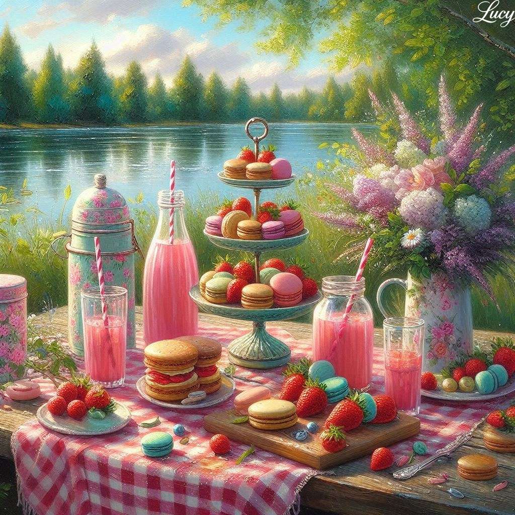 Un picnic junto al lago bajo la luz del sol rompecabezas en línea