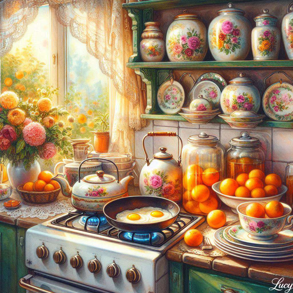 Keuken in vintage-stijl badend in warm ochtendlicht legpuzzel online