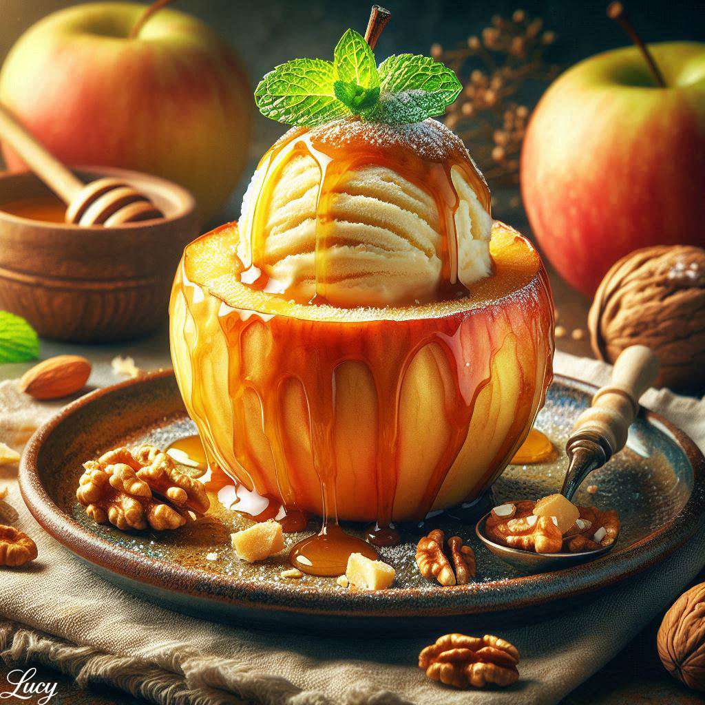 Яблуко, видовбане та наповнене вершковим ванільним льодом онлайн пазл