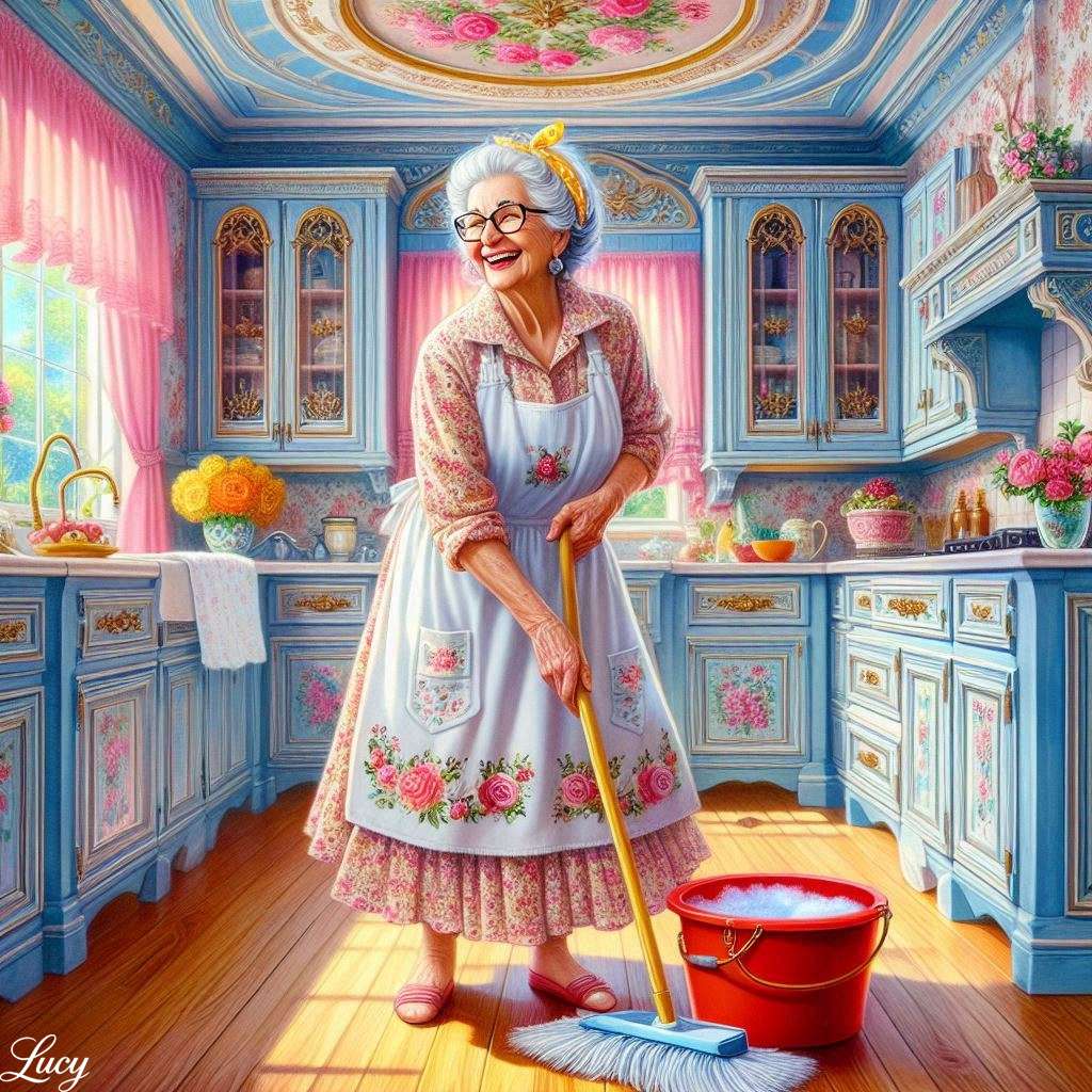 Γυναίκα σφουγγαρίζει χαρούμενα ένα ηλιόλουστο ξύλινο πάτωμα κουζίνας online παζλ