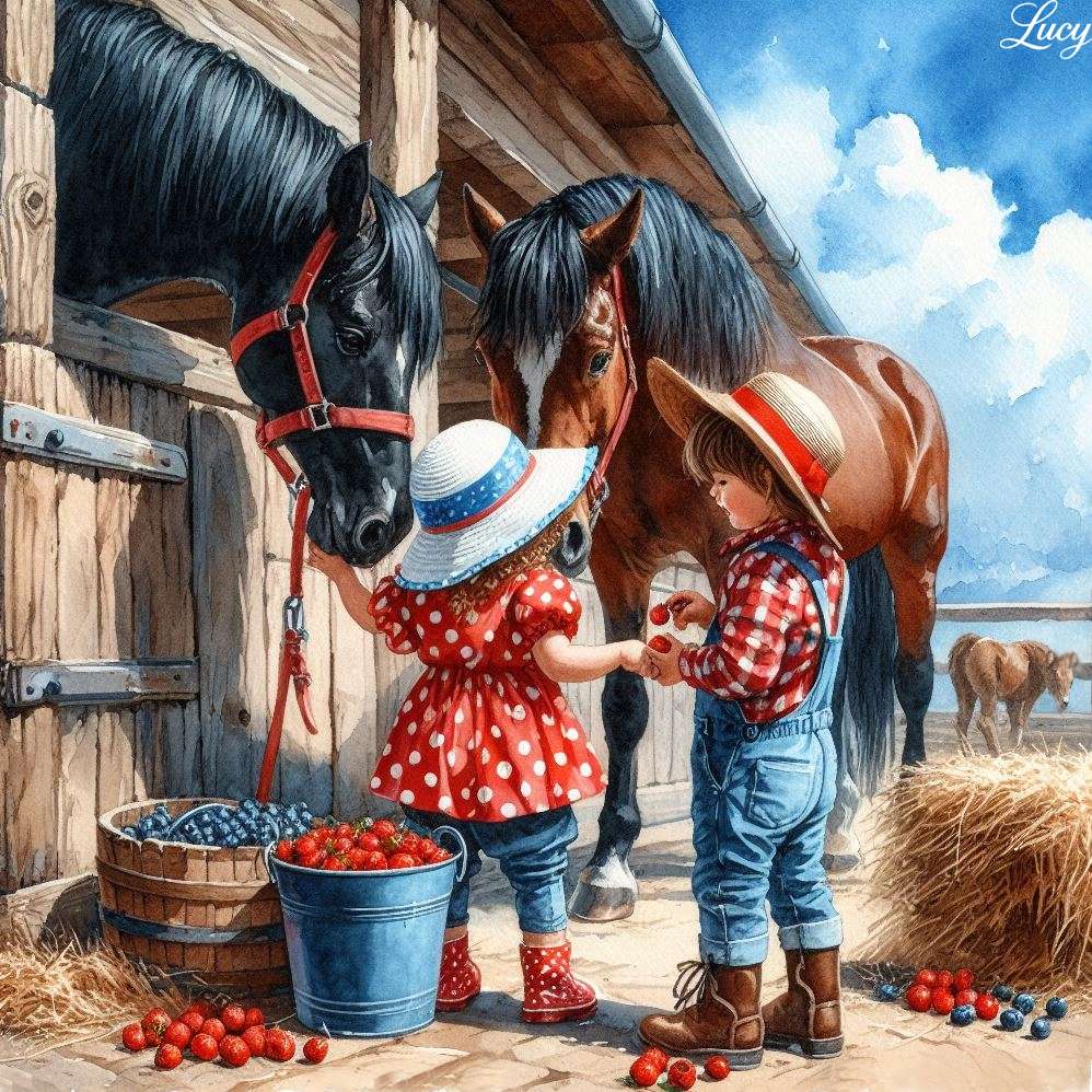 Dvě malé děti krmení koní online puzzle