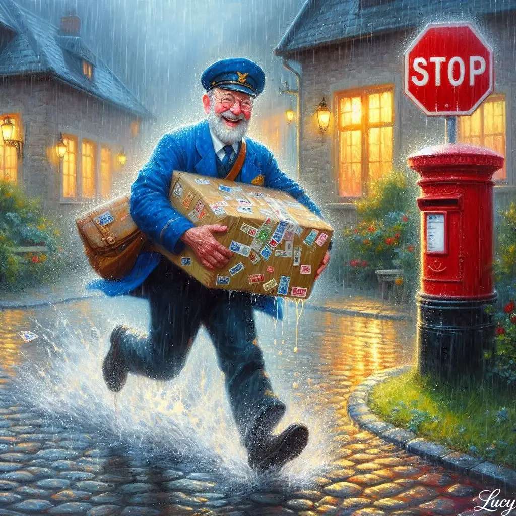 雨に濡れた通りを駆け抜ける郵便配達員 ジグソーパズルオンライン