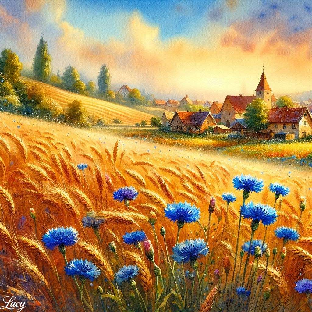 Золоті пшеничні поля рябіють синіми волошками онлайн пазл