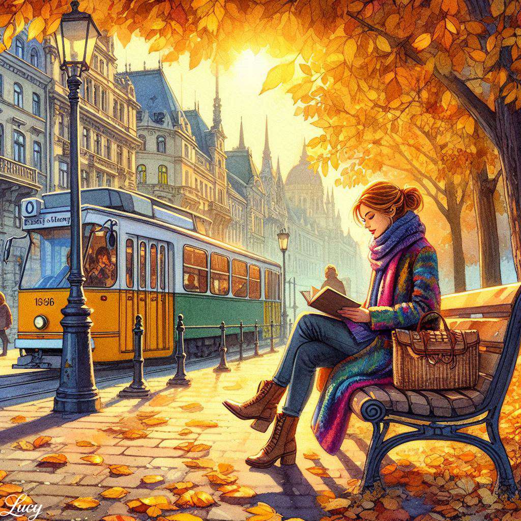 Snygg kvinna som läser på en bänk pussel på nätet