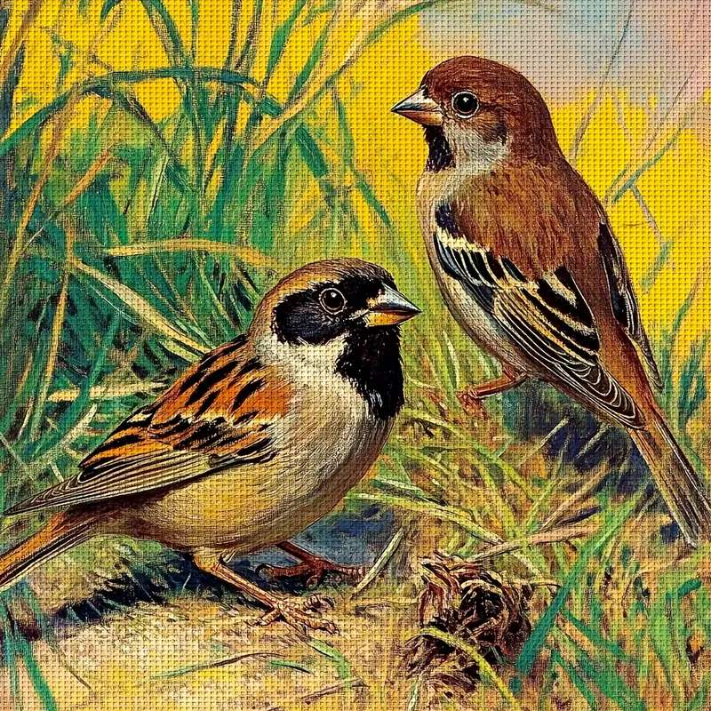 草の中の二羽のスズメ ジグソーパズルオンライン