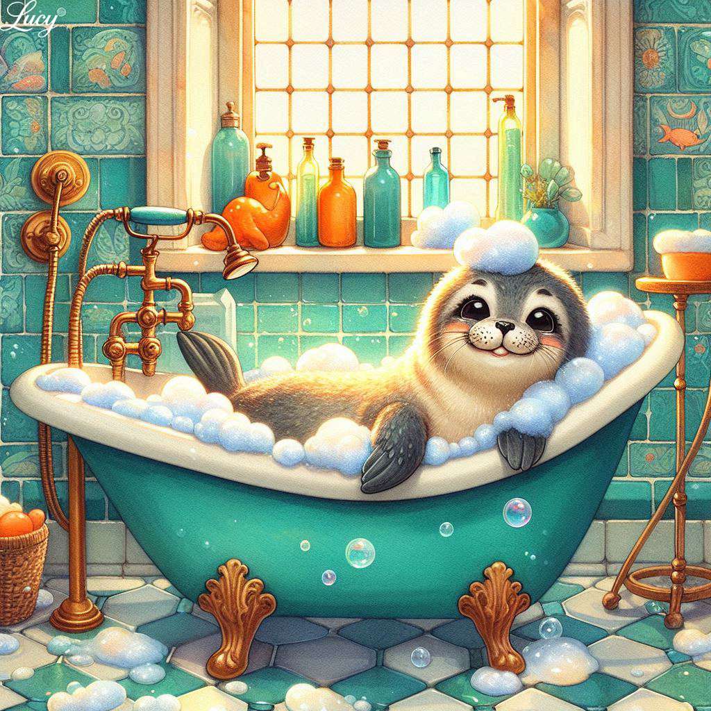 浴槽でくつろぐ陽気なアザラシ オンラインパズル